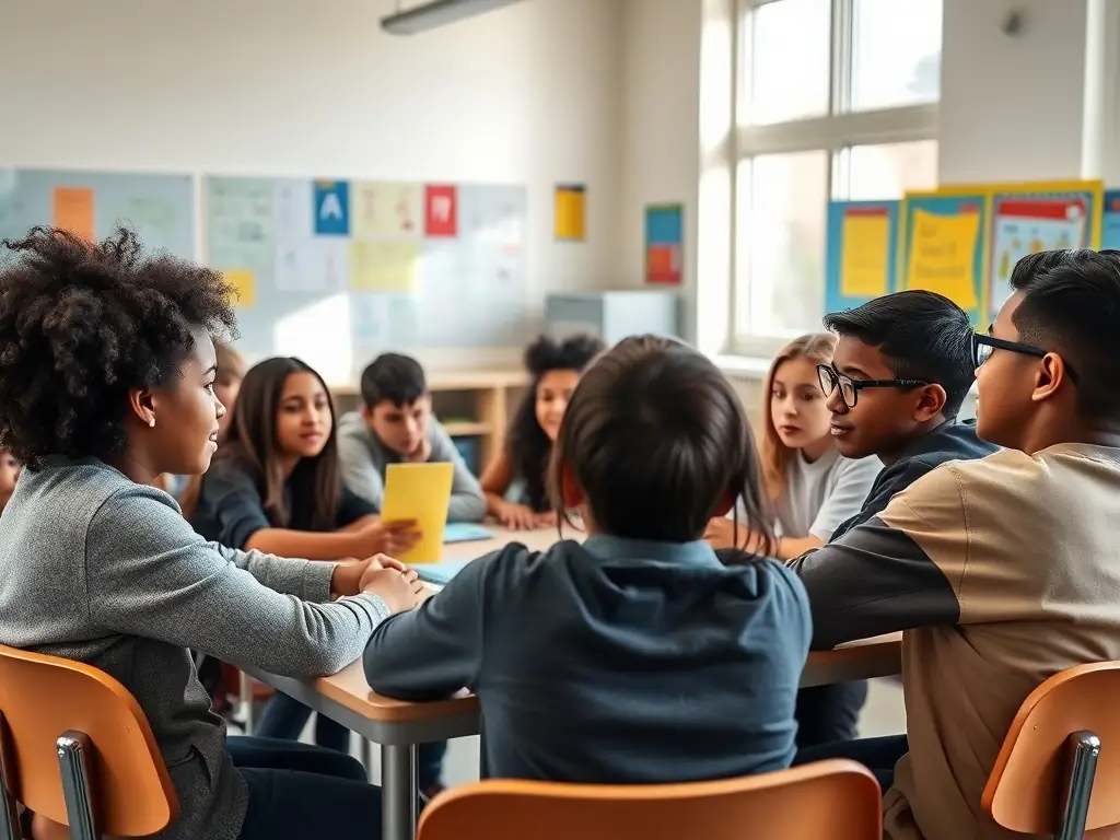 A diverse group of students are engaged in a lively classroom discussion at London Community College, with a focus on collaborative learning and intellectual exchange.