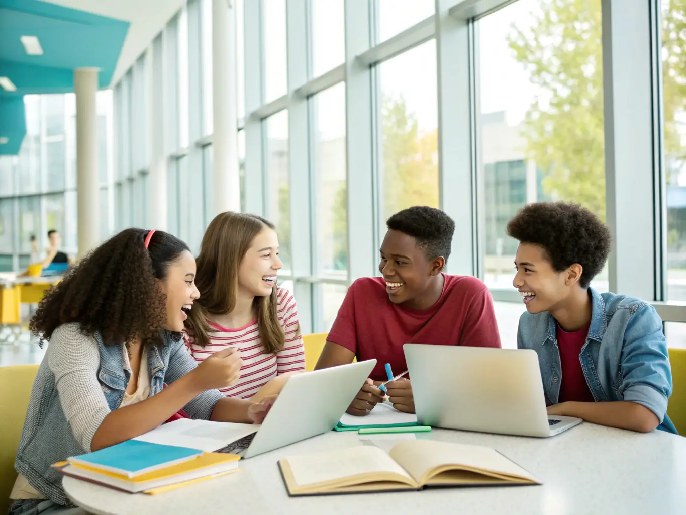 A vibrant image showing students actively participating in a business strategy workshop, collaborating on a project with laptops and charts in a modern classroom setting.