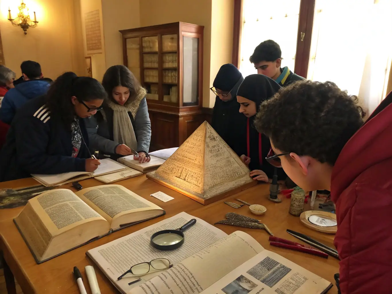 A photograph capturing students in a cultural studies class, examining artifacts and engaging in a discussion about global heritage.