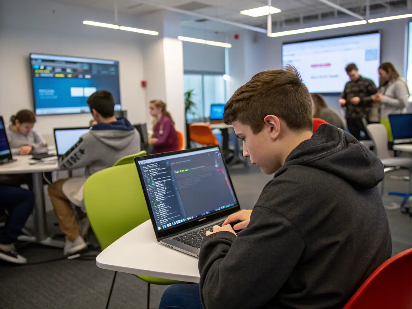 A student is working on a coding project in a modern computer lab at London Community College, surrounded by advanced technology and resources.