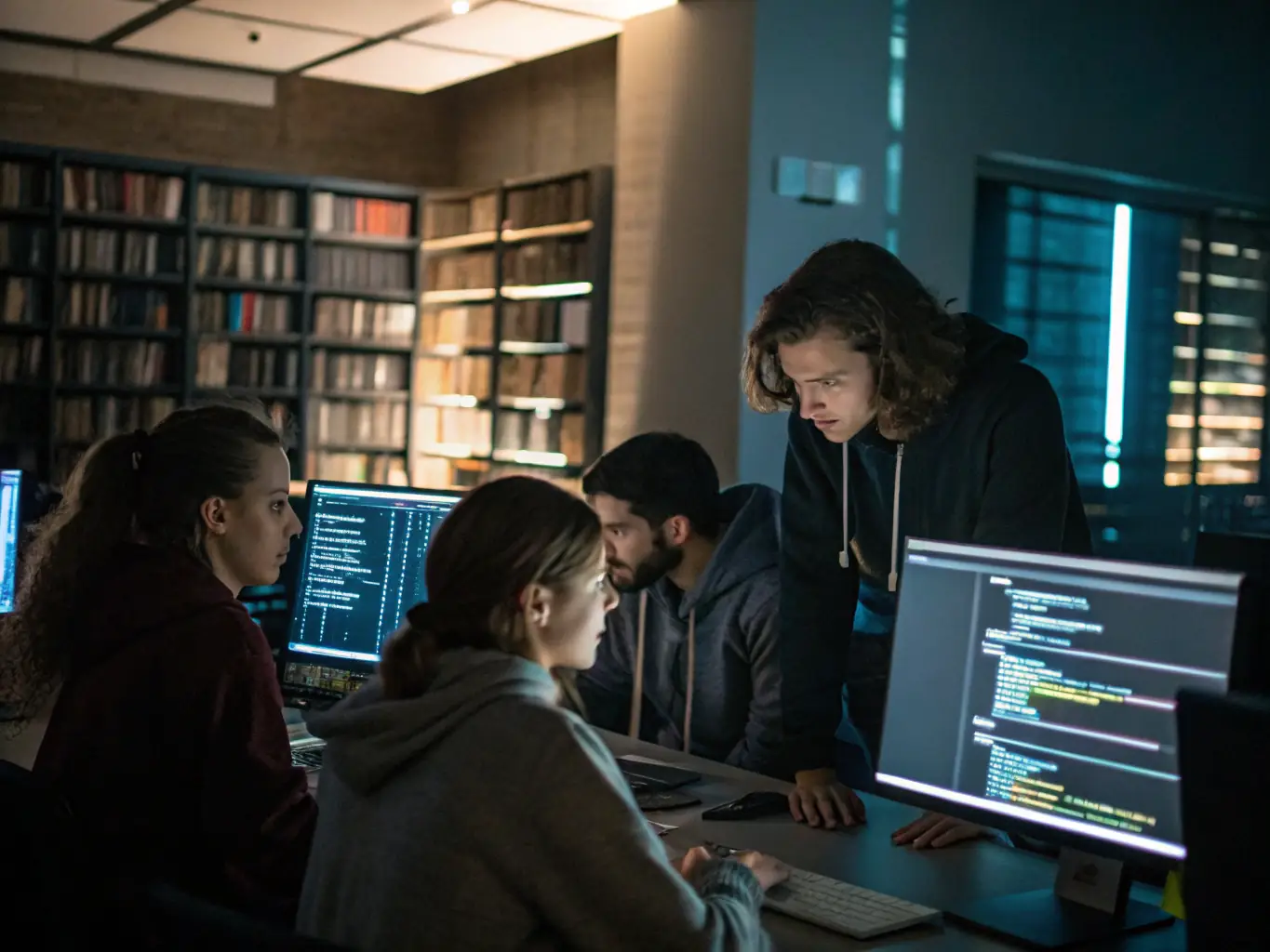 A dynamic image of students working on coding projects in a technology lab, surrounded by computer screens and electronic equipment.